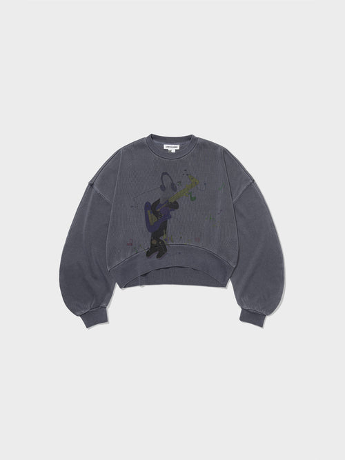 [UOU___CUTE x LOW CLASSIC] Washed Rockstar Cat Sweatshirt - Greyish Purple