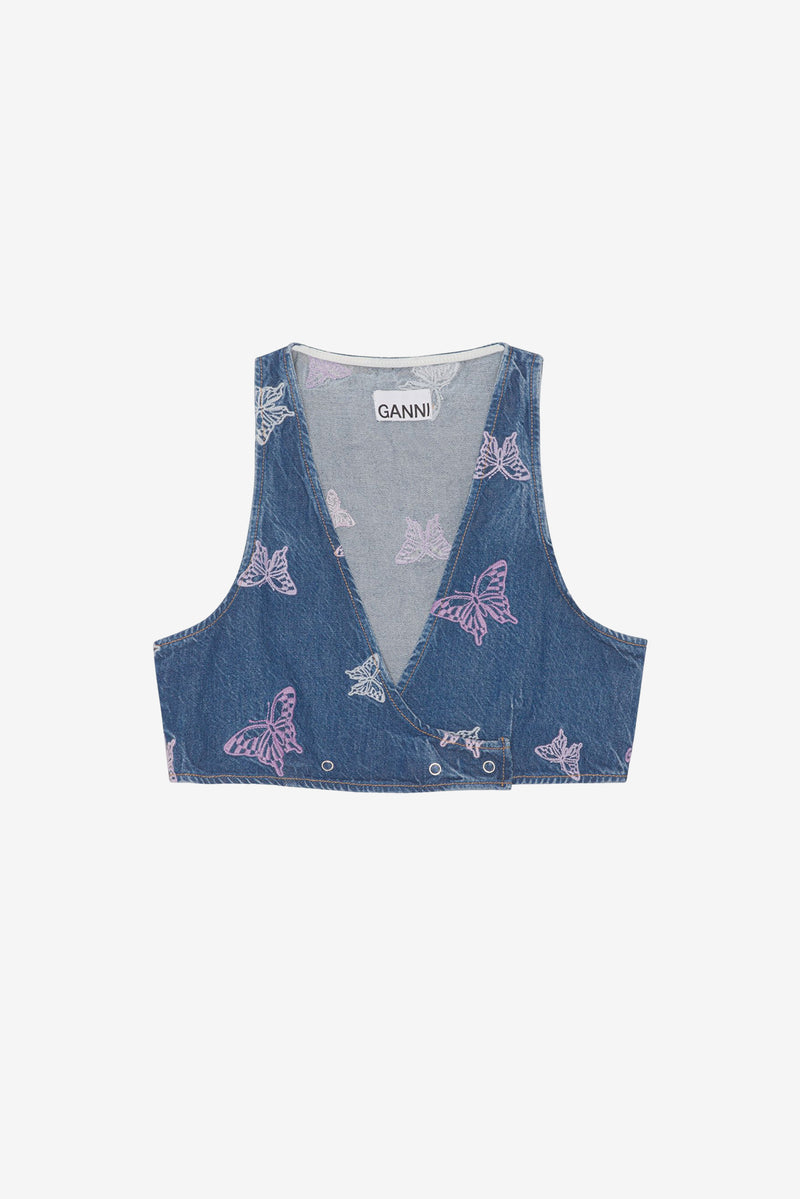 Embroidery Denim Crop Vest - Denim