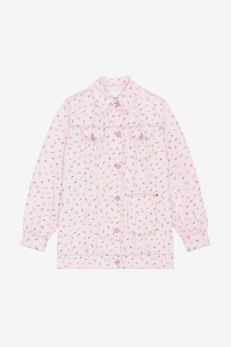 Oversized Flower Print Denim Jacket - Pink Tulle