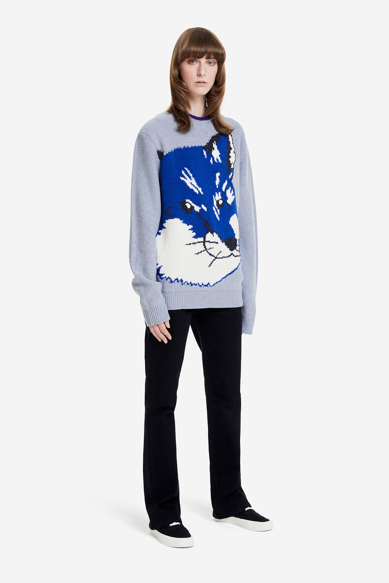 Big Fox Head Jacquard Pullover - Grey #Unisex